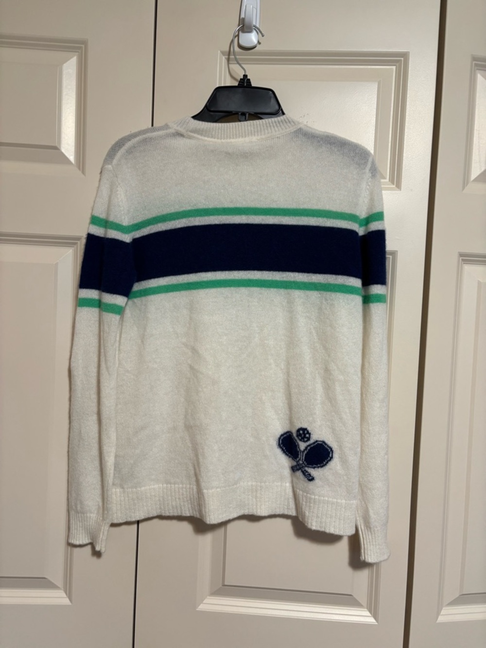 Pickleball cashmere Crewneck Sweater in White with Navy & green Stripes - Picture 3 of 7